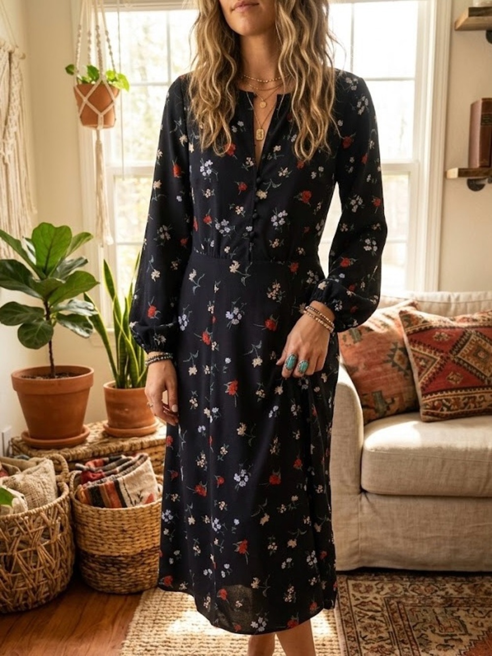 Promesa Floral Button-Front Midi Dress Peasant Cottagecore Farmhouse Boho Chic S
